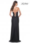 Picture of: Fitted Jersey Dress with Fishnet Rhinestone Illusion Bustier Top in Black, Style: 32230, Detail Picture 4