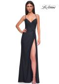 Picture of: Jersey Prom Dress with Unique Ruched Waist and Lace Up Back in Black , Style 32977, Detail Picture 4