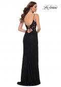 Picture of: Sleek Lace Long Dress with Sheer Sides and Open Back in Black, Style 29694, Detail Picture 5