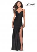 Picture of: Fringe Beaded Slit Jersey Gown with Lace Up Back in Black, Style: 31326, Detail Picture 5