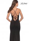 Picture of: Fitted Matte Jersey Gown with Unique Deep V Neckline in Black, Style: 31370, Detail Picture 5