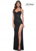 Picture of: Rhinestone Fishnet Gown with Lace Detail and High Slit in Black, Style: 32218, Detail Picture 5