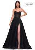 Picture of: A-line Tulle Gown with Lace Corset Bodice and Slit in Black , Style 32579, Detail Picture 5