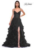 Picture of: Ruffle Tulle Dress with Unique Skirt and Illusion Corset Bodice in Black , Style 32719, Detail Picture 5