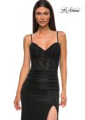 Picture of: Illusion Lace Top Prom Dress with Ruched Jersey Skirt in Black , Style 32803, Detail Picture 5