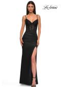 Picture of: Fitted Evening Dress with Lace Top and Eyelet Neckline in Black , Style 32873, Detail Picture 5