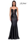 Picture of: Fitted Satin Mermaid Gown with Lace Bodice and Deep V in Black , Style 32916, Detail Picture 5