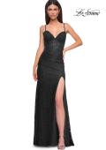 Picture of: Stretch Lace Dress with Illusion Corset Waist and Ruching in Black , Style 32947, Detail Picture 5
