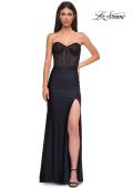 Picture of: Intricate Ruched Corset Bodice Prom Dress with Jersey Skirt in Black , Style 32971, Detail Picture 5