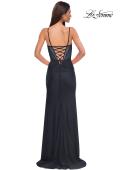 Picture of: Jersey Prom Dress with Unique Ruched Waist and Lace Up Back in Black , Style 32977, Detail Picture 5