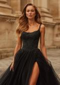 Picture of: Beaded Lace Corset Gown with Sheer Tulle Skirt and Slit in Black, Style: 33499, Detail Picture 5
