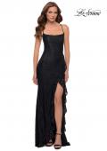 Picture of: Stretch Lace Dress with Ruffle Skirt Detail and Slit in Black, Style 29650, Detail Picture 6