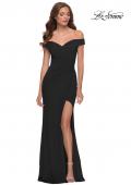 Picture of: Off the Shoulder Net Jersey Dress with Ruching in Black, Style 29756, Detail Picture 6