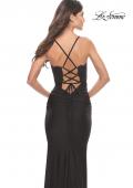 Picture of: Sheer Lace Bodice with Scallop Edge Jersey Long Dress in Black, Style: 31272, Detail Picture 6