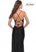 Picture of: Fringe Beaded Slit Jersey Gown with Lace Up Back in Black, Style: 31326, Detail Picture 6