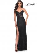Picture of: Scallop Detail Lace Fitted Prom Dress with Illusion Bodice in Black, Style: 32080, Detail Picture 6