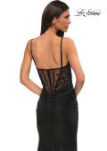 Picture of: Illusion Lace Top Prom Dress with Ruched Jersey Skirt in Black , Style 32803, Detail Picture 6