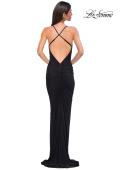 Picture of: Fitted Ruched Net Jersey Dress with Low Back in Black , Style 32834, Detail Picture 6