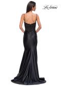 Picture of: Fitted Satin Mermaid Gown with Lace Bodice and Deep V in Black , Style 32916, Detail Picture 6