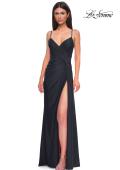 Picture of: Jersey Prom Dress with Unique Ruched Waist and Lace Up Back in Black , Style 32977, Detail Picture 6