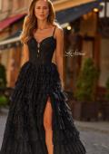 Picture of: Tiered Lace A-Line Gown with Corset Bodice and Slit in Black, Style: 33525, Detail Picture 6