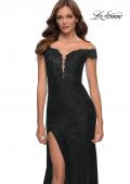 Picture of: Lace Off the Shoulder Gown with Deep V Neckline in Black, Style 29693, Detail Picture 7