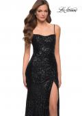 Picture of: Lace Up Back Sequin Gown with Flare Skirt in Black, Style 29741, Detail Picture 7