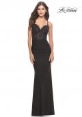 Picture of: Sheer Lace Bodice with Scallop Edge Jersey Long Dress in Black, Style: 31272, Detail Picture 7