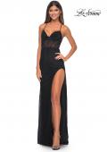 Picture of: Rhinestone Embellished Fitted Dress with Illusion Bustier Top in Black, Style: 31701, Detail Picture 7