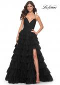 Picture of: A-Line Ruffle Tulle Gown with High Slit and Lace Up Back in Black, Style: 32086, Detail Picture 7