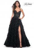 Picture of: Ruffle Tulle Prom Gown with Illusion Lace Bodice and High Slit in Black, Style: 32128, Detail Picture 7