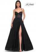 Picture of: A-Line Tulle Gown with High Slit and Illusion Rhinestone Fishnet Bodice in Black, Style: 32135, Detail Picture 7