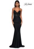Picture of: Lace and Jersey Dress with Ruched Skirt and V Neckline in Black, Style: 32217, Detail Picture 7