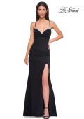 Picture of: Ruched Long Jersey Dress with Draped Rhinestone Neckline in Black , Style 32802, Detail Picture 7