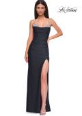 Picture of: Ruched Long Prom Dress with Rhinestone Bra Style Top in Black , Style 32939, Detail Picture 7