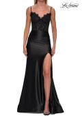 Picture of: Lace and Satin Fitted Gown with High Slit and Spaghetti Straps in Black, Style: 33325, Detail Picture 7