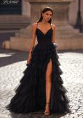 Picture of: A-Line Ruffle Tulle Gown with High Slit and Lace Up Back in Black, Style: 32086, Main Picture