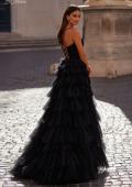 Picture of: A-Line Ruffle Tulle Gown with High Slit and Lace Up Back in Black, Style: 32086, Back Picture