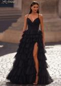 Picture of: A-Line Ruffle Tulle Gown with High Slit and Lace Up Back in Black, Style: 32086, Detail Picture 1