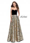 Picture of: Strapless Ball Gown with Velvet Bodice and Rose Print Skirt in Black Gold, Style: 25581, Main Picture
