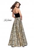 Picture of: Strapless Ball Gown with Velvet Bodice and Rose Print Skirt in Black Gold, Style: 25581, Back Picture