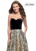 Picture of: Strapless Ball Gown with Velvet Bodice and Rose Print Skirt in Black Gold, Style: 25581, Detail Picture 1