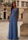 Picture of: Beaded Lace Applique Dress with Tulle Skirt and Illusion Sleeves in Blue, Style: 32612, Main Picture