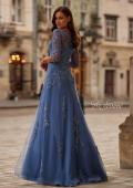 Picture of: Beaded Lace Applique Dress with Tulle Skirt and Illusion Sleeves in Blue, Style: 32612, Back Picture