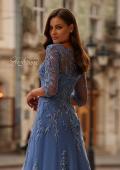 Picture of: Beaded Lace Applique Dress with Tulle Skirt and Illusion Sleeves in Blue, Style: 32612, Detail Picture 2
