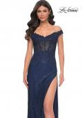 Picture of: Off the Shoulder Rhinestone Fishnet Gown with Lace Details in Blue, Style: 32116, Detail Picture 8