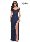 Picture of: Off the Shoulder Rhinestone Fishnet Gown with Lace Details in Blue, Style: 32116, Detail Picture 16