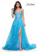 Picture of: Sequin Lace Print Tulle A-Line Prom Dress with Illusion Bodice in Blue, Style: 32223, Detail Picture 1