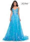 Picture of: Sequin Lace Print Tulle A-Line Prom Dress with Illusion Bodice in Blue, Style: 32223, Detail Picture 6