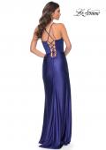 Picture of: Stretch Satin Gown with Bustier Top and Lace Up Back in Blue, Style: 32264, Detail Picture 6